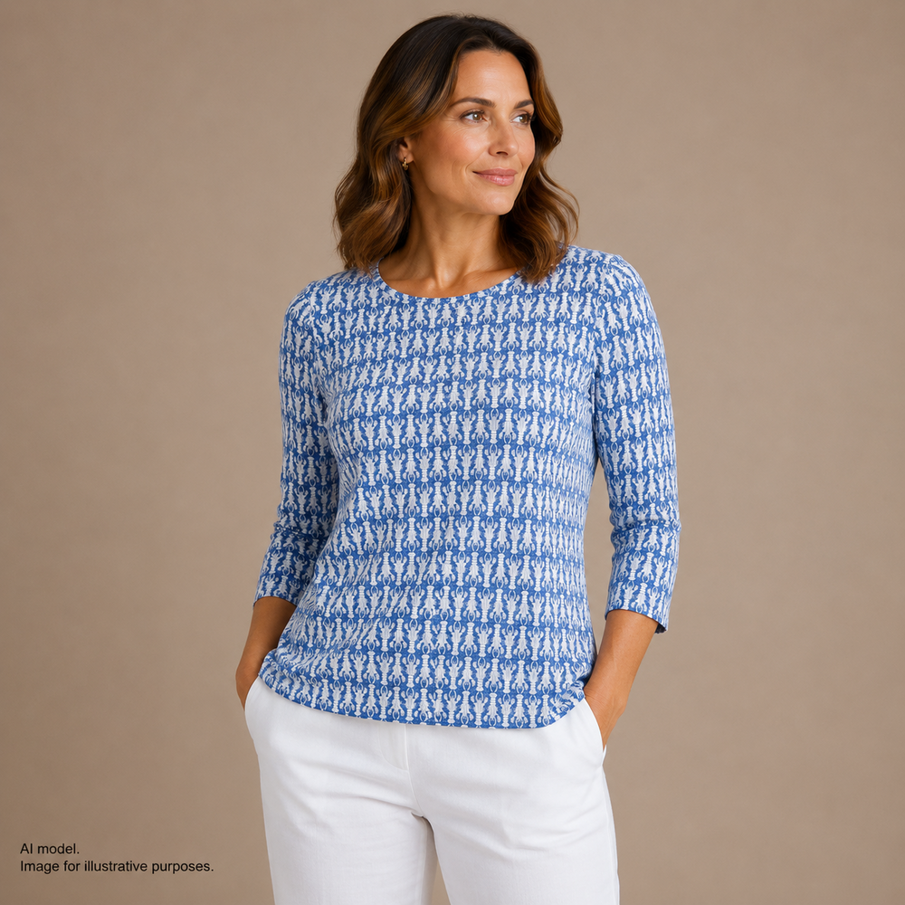 J McLaughlin Shirt Womens Large Blue White Lobster Print 3/4 Sleeve Stretch Top